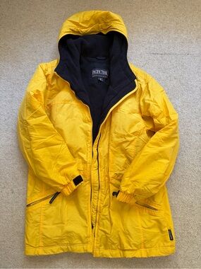 Pacific Trail women’s Bright Yellow Hooded Raincoat with Black Lined Interior